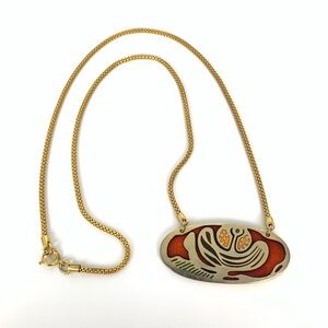 De Passille Sylvestre Necklace Gold Tone Red Flower Alien Weird Vtg MCM Canada